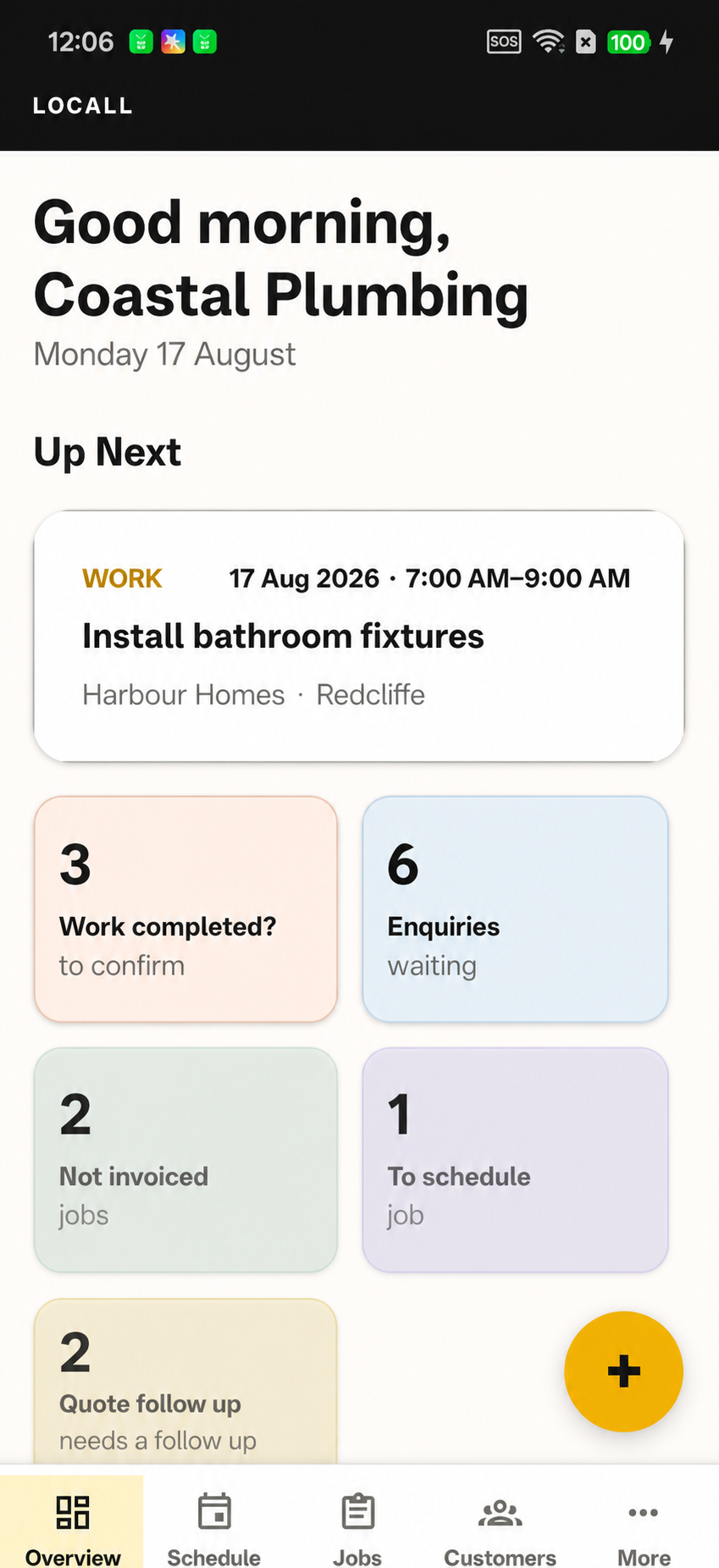 Locall Business dashboard showing jobs and business activity