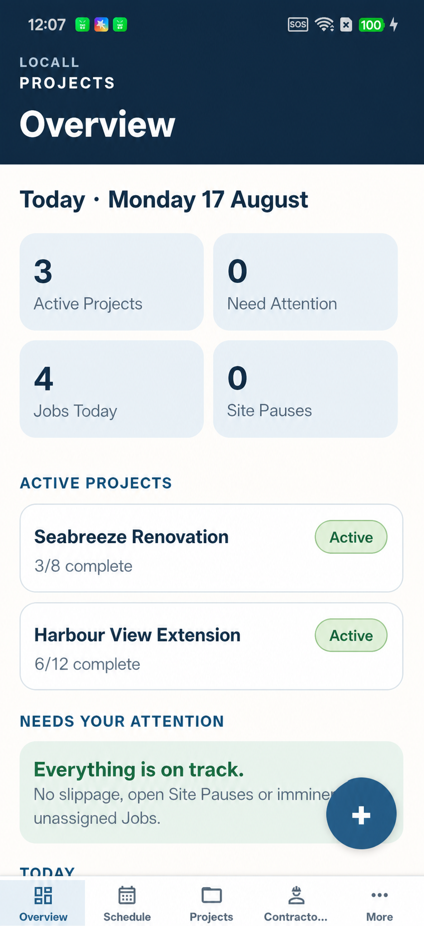 Locall Projects dashboard showing active projects and today's work